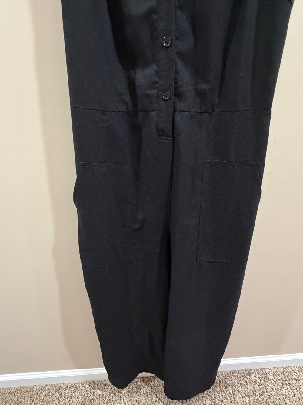 Women's Black Cotton Linen Sleeveless Collared Jumpsuit With Cargo Pockets Sz L - Picture 3 of 14